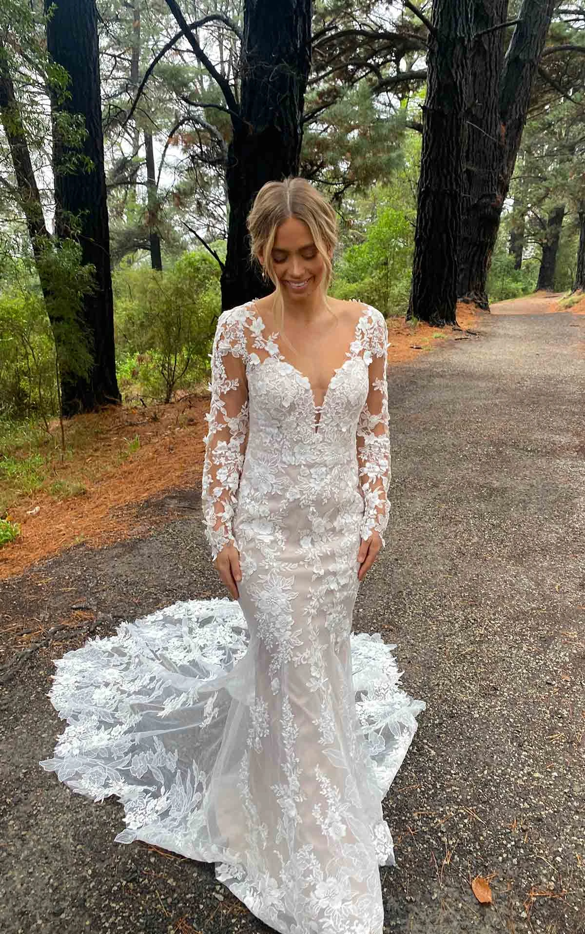 d3673 Timeless Long Sleeve Lace Wedding Dress with Plunging Neckline  by Essense of Australia