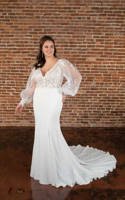 Sexy Plus Size Fit-and-Flare Wedding Dress with Detachable Long Sleeves, D3699+, by Essense of Australia