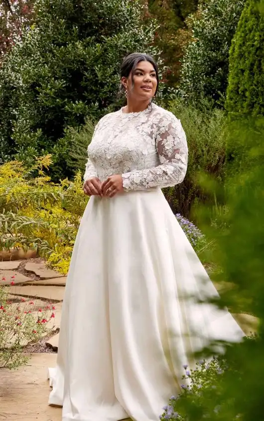 Lace Plus Size Wedding Dress with High Neckline and Long Sleeves, D3715+, by Essense of Australia