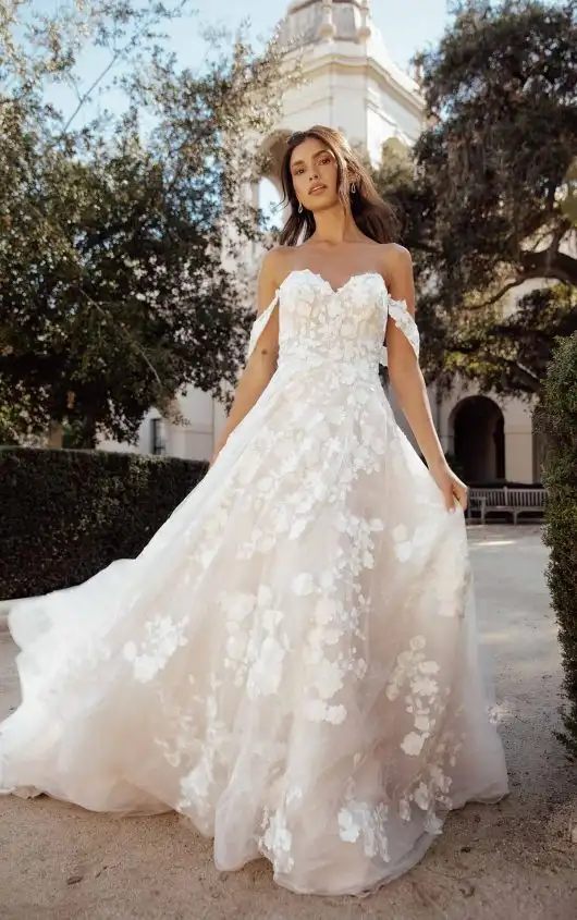 Timeless Lace Ballgown Wedding Dress with Off-the-Shoulder Straps, D3738, by Essense of Australia