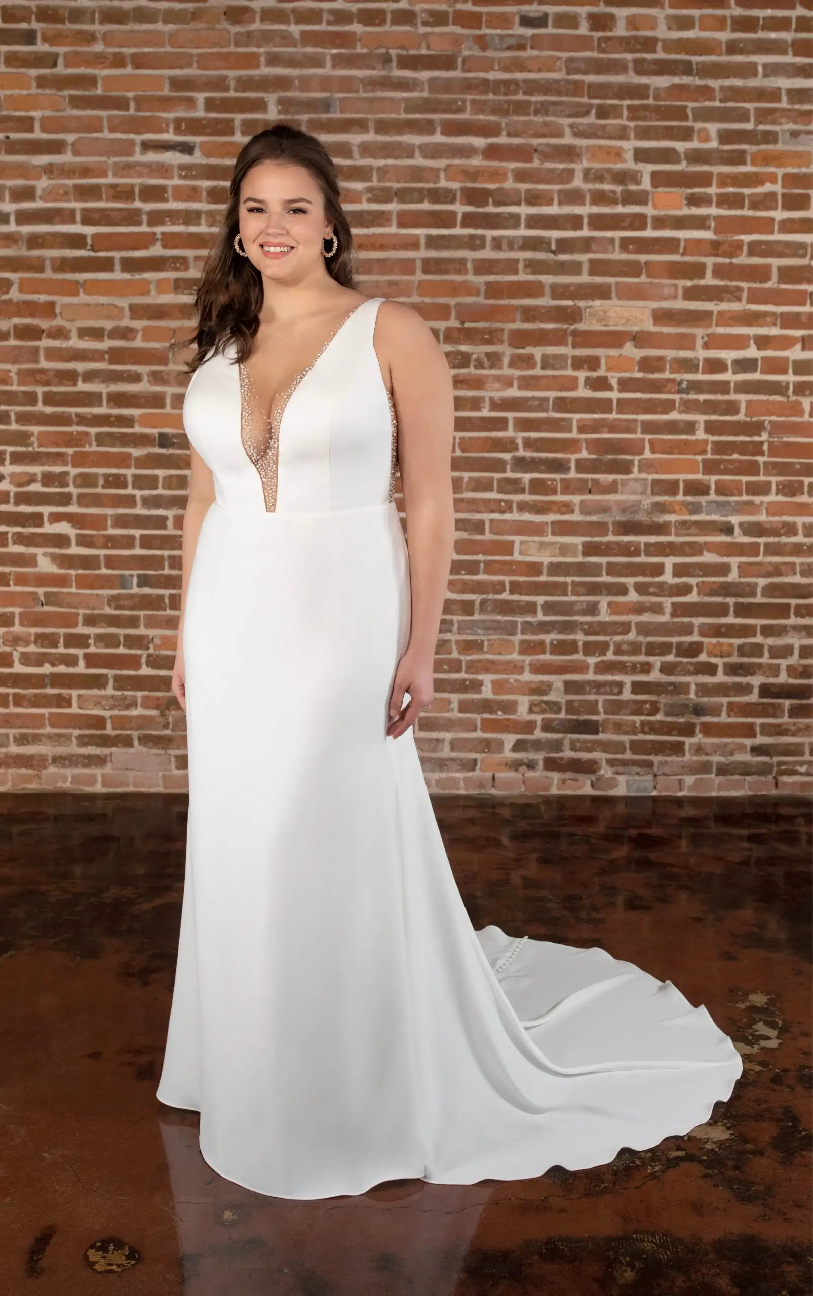 Minimalist Chic Plus Size Sheath Wedding Dress with Plunging Neckline and Beaded Detail, D3763+, by Essense of Australia