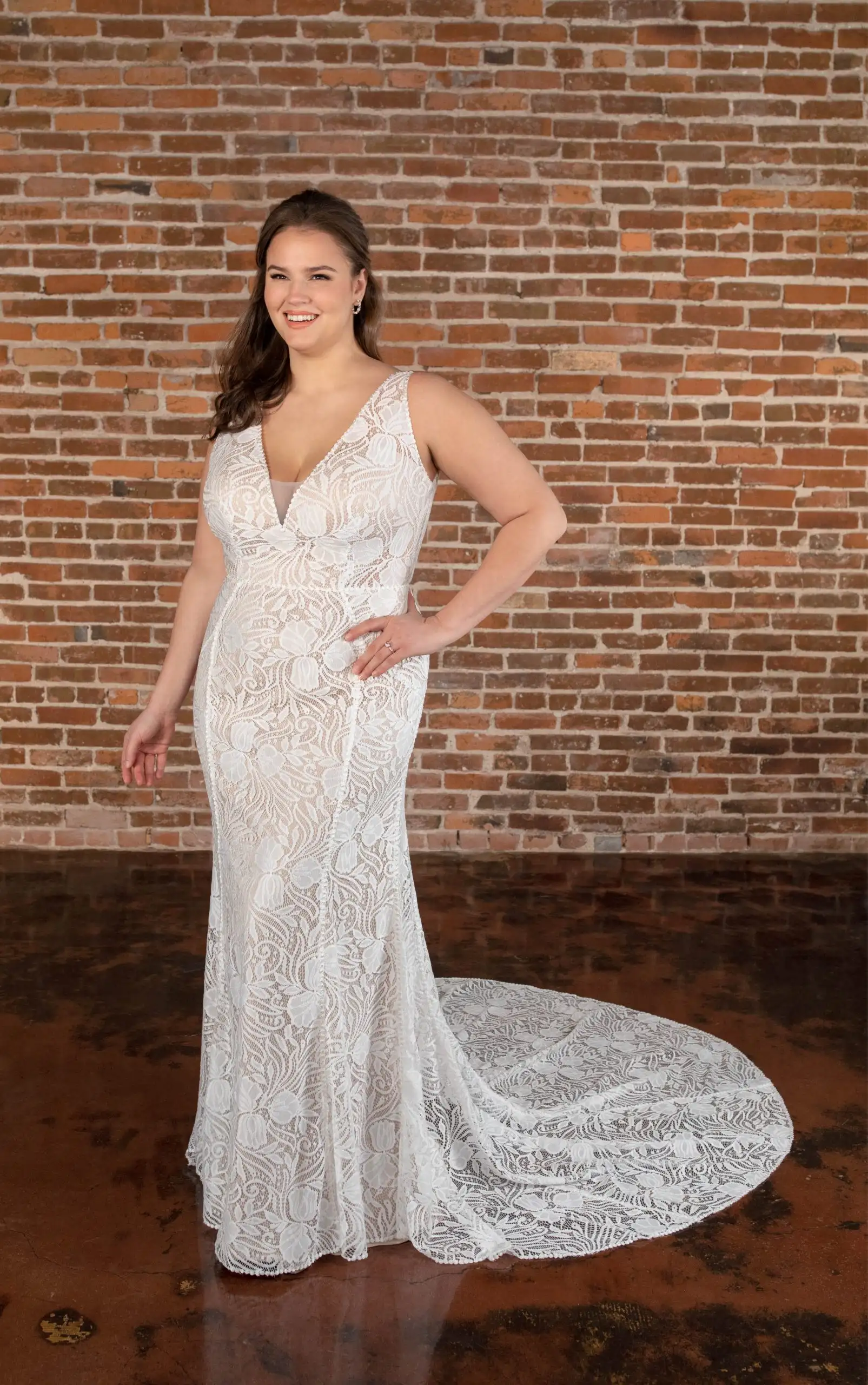 Modern Long Sleeve Plus Size Lace Column Wedding Dress with Low Back Detail, D3791+, by Essense of Australia