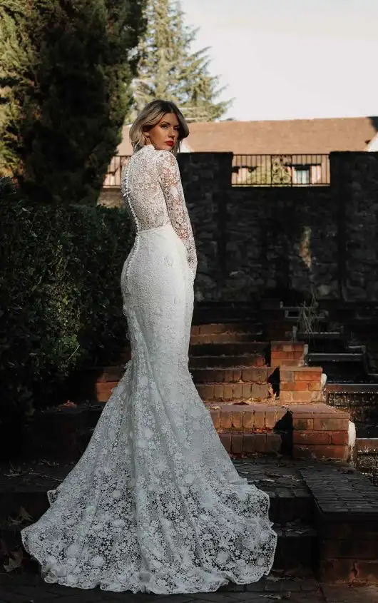 Vintage Lace Long Sleeve Boho Column Wedding Dress with High Neckline, LAYNE, by All Who Wander
