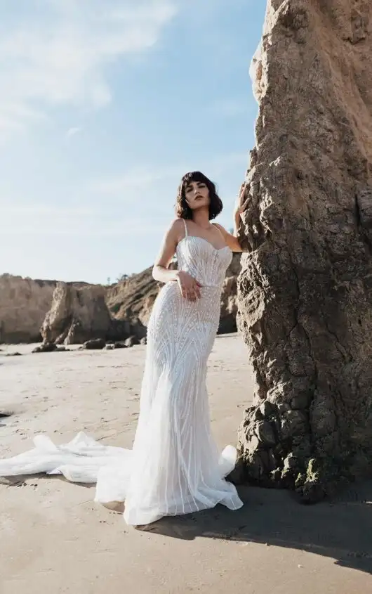 Glamorous Fit-and-Flare Beaded Wedding Dress with Spaghetti Straps, LE1185, by Martina Liana Luxe