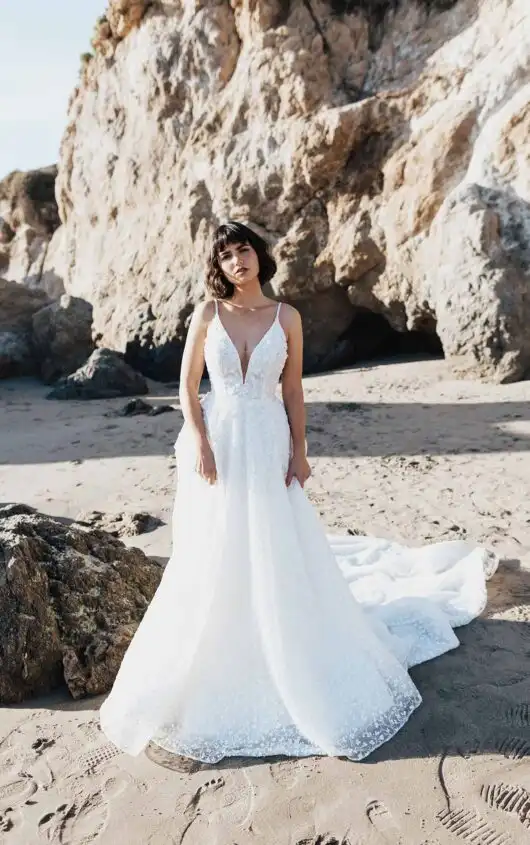 Sparkling A-Line Wedding Dress with Spaghetti Straps and Plunging Neckline, LE1205, by Martina Liana Luxe