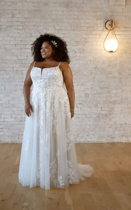 Elegant Lace Plus Size A-Line Wedding Dress with Off-the-Shoulder Sleeves, 7447+, by Stella York