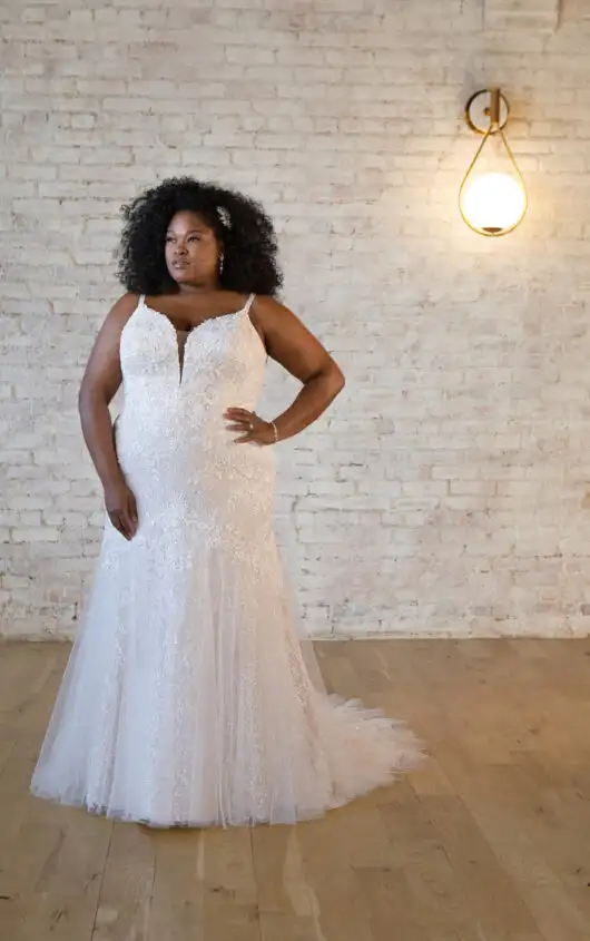 Sparkly Plus Size Lace Fit-and-Flare Wedding Dress with Plunging V-Neckline, 7479+, by Stella York
