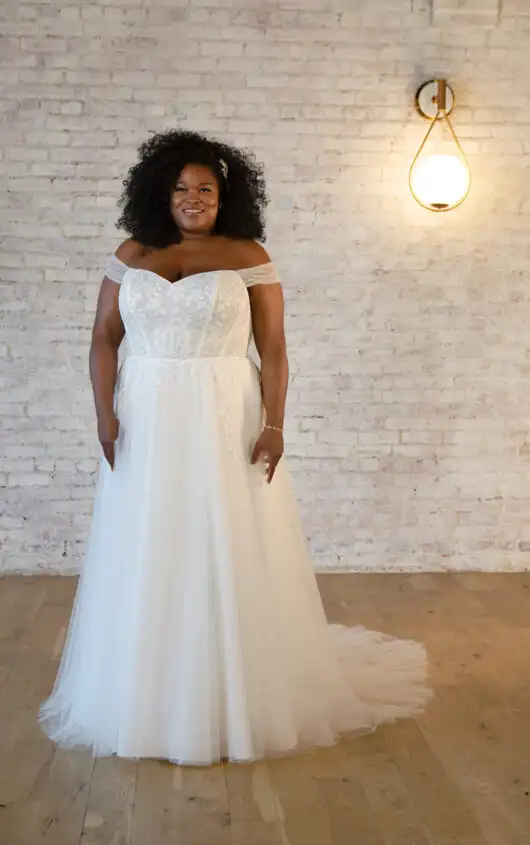 Ethereal Plus Size A-Line Wedding Dress with Off-the-Shoulder Sleeves, 7509+, by Stella York