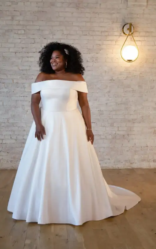 Silk Plus Size A-Line Wedding Dress with Off-the-Shoulder Neckline, 7535+, by Stella York