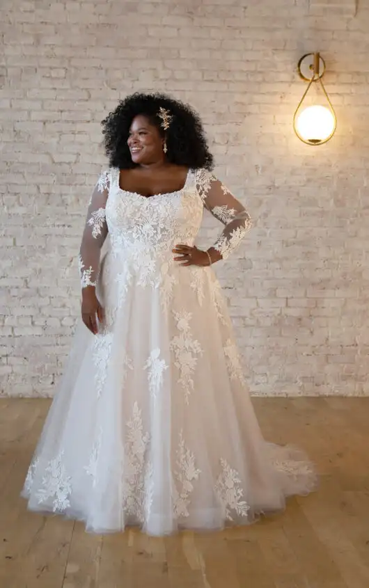 Lace Plus Size A-Line Wedding Dress with Sweetheart Neckline and Long Sleeves, 7546+, by Stella York