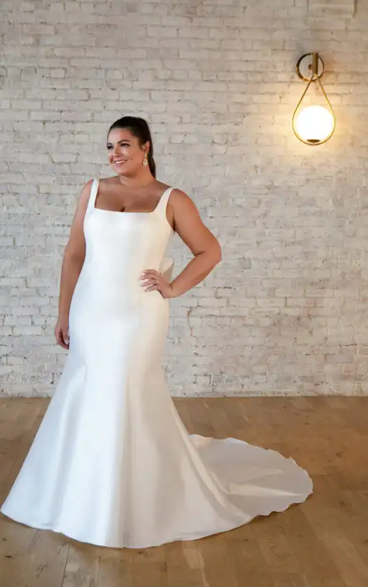 Classic Plus Size Fit-and-Flare Wedding Dress with Square Neckline and Oversized Bow, 7557+, by Stella York