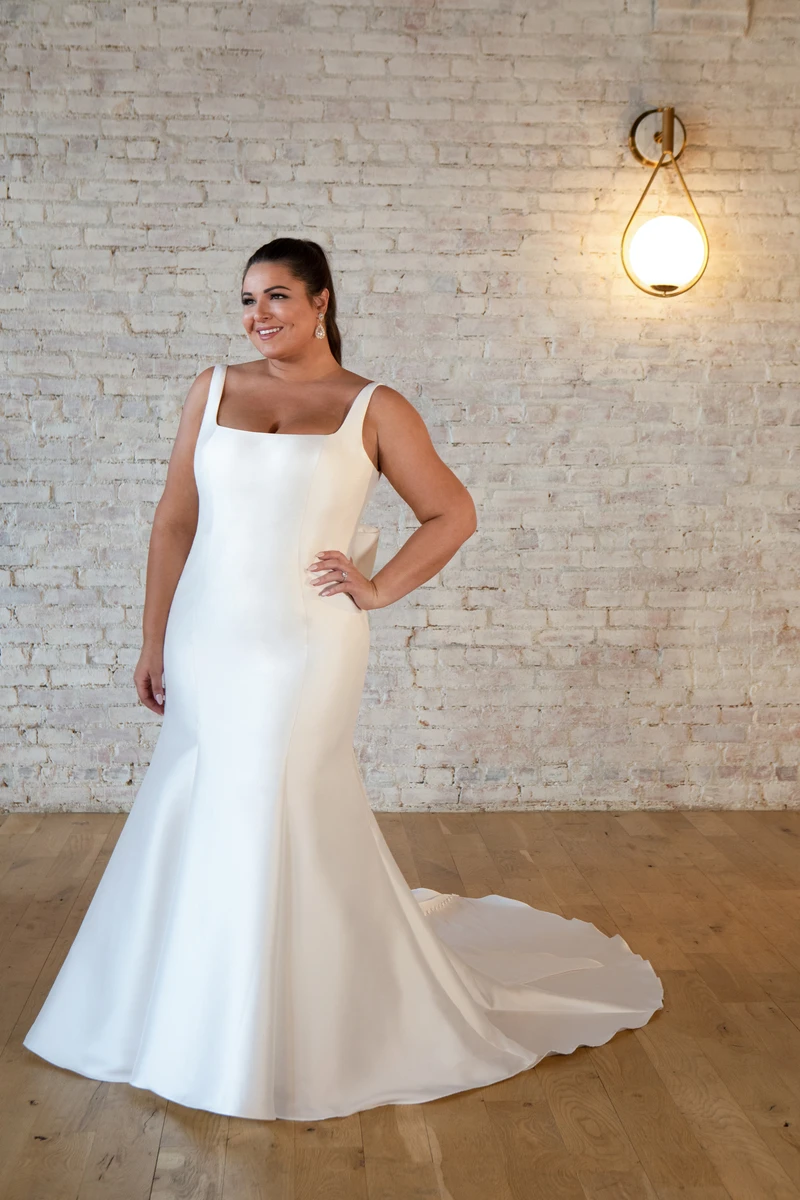 7557+ Classic Plus Size Fit-and-Flare Wedding Dress with Square Neckline and Oversized Bow  by Stella York