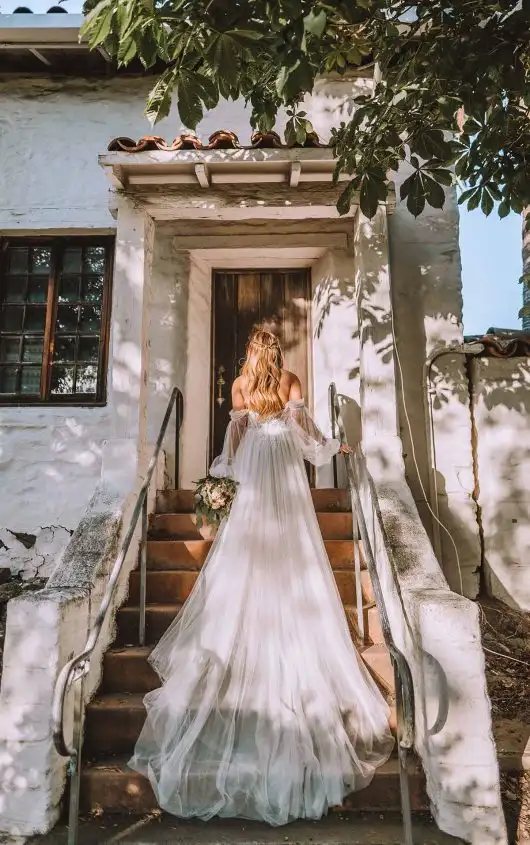 Ethereal Tulle Off-the-Shoulder A-Line Wedding Dress with Detachable Sleeves, MAEVE, by All Who Wander