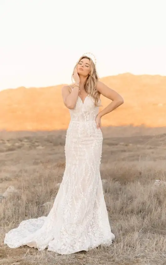 Boho Lace Wedding Dress with Spaghetti Straps and Plunging V-Neckline, MONRO, by All Who Wander