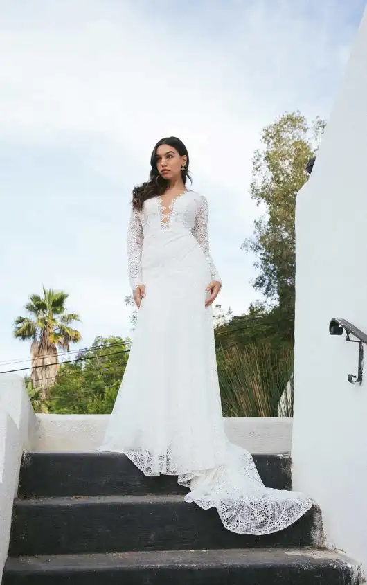 Long Sleeve Lace Boho Fit-and-Flare Wedding Dress with Plunging V-Neckline, NASH, by All Who Wander