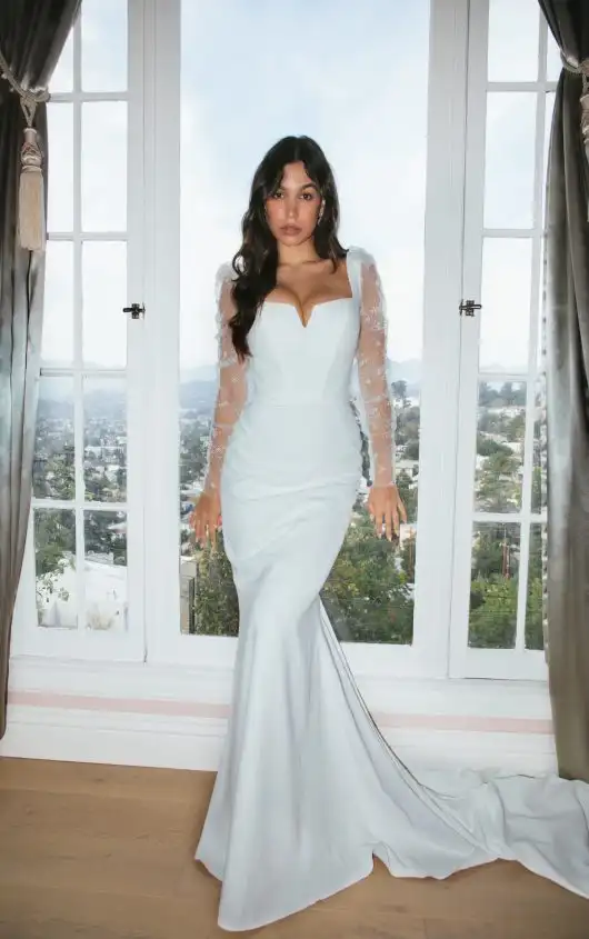 Sexy Long Sleeve Column Wedding Dress with Notched Neckline, CONOR, by All Who Wander