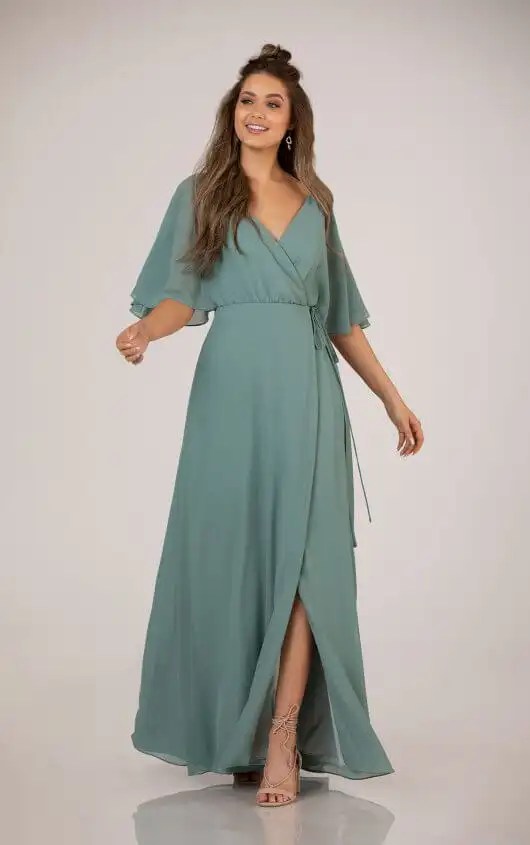 Full-Length Bridesmaid Wrap Dress with ¾ Flutter Sleeves, 9408, by Sorella Vita
