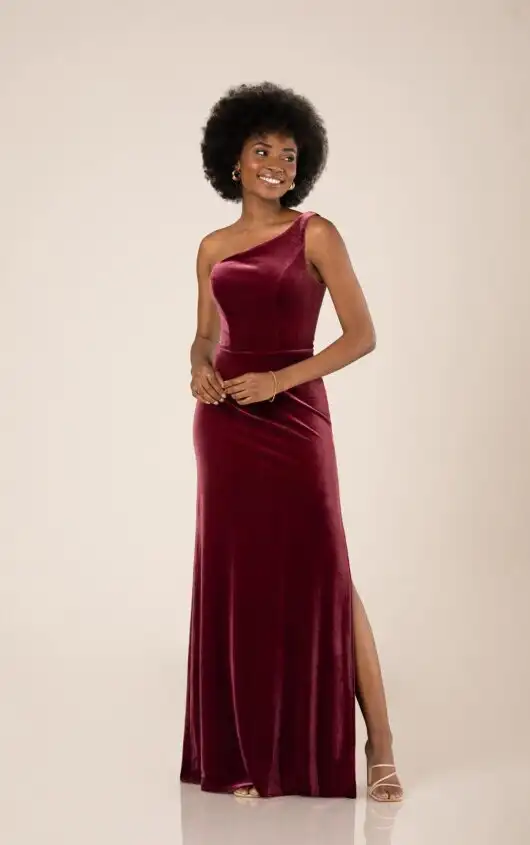 Formal One-Shoulder Floor-Length Velvet Bridesmaid Dress, 9656, by Sorella Vita