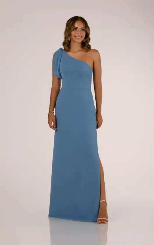 One-Shoulder Bridesmaid Dress with Skirt Slit and Detachable Accent Strap, 9550, by Sorella Vita