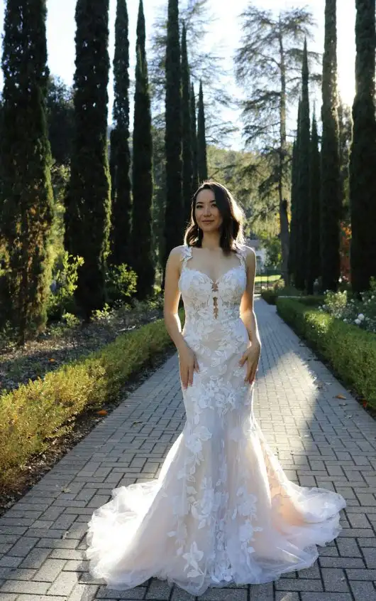 Romantic Allover Lace Fit-and-Flare Wedding Dress with Plunging Neckline, D3709, by Essense of Australia